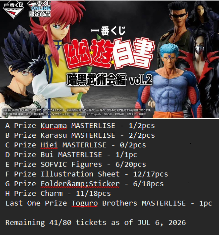 [IN STOCK] ICHIBANKUJI YUYU HAKUSHO DARK TOURNAMENT EDITION VOL.2